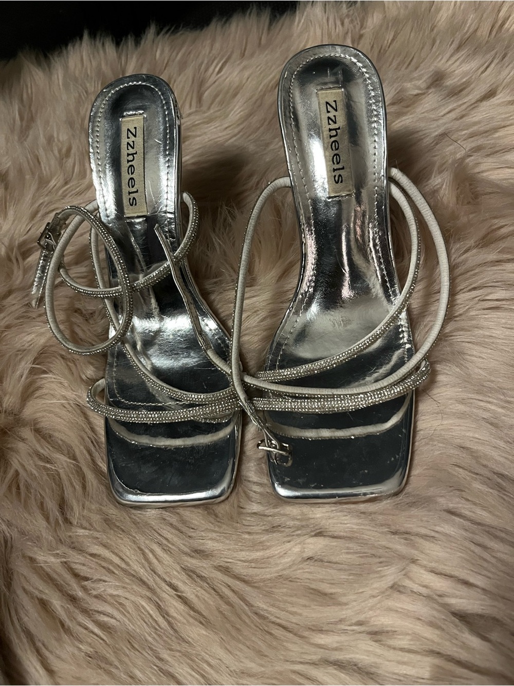 Silver Strappy Square-Toe Heels